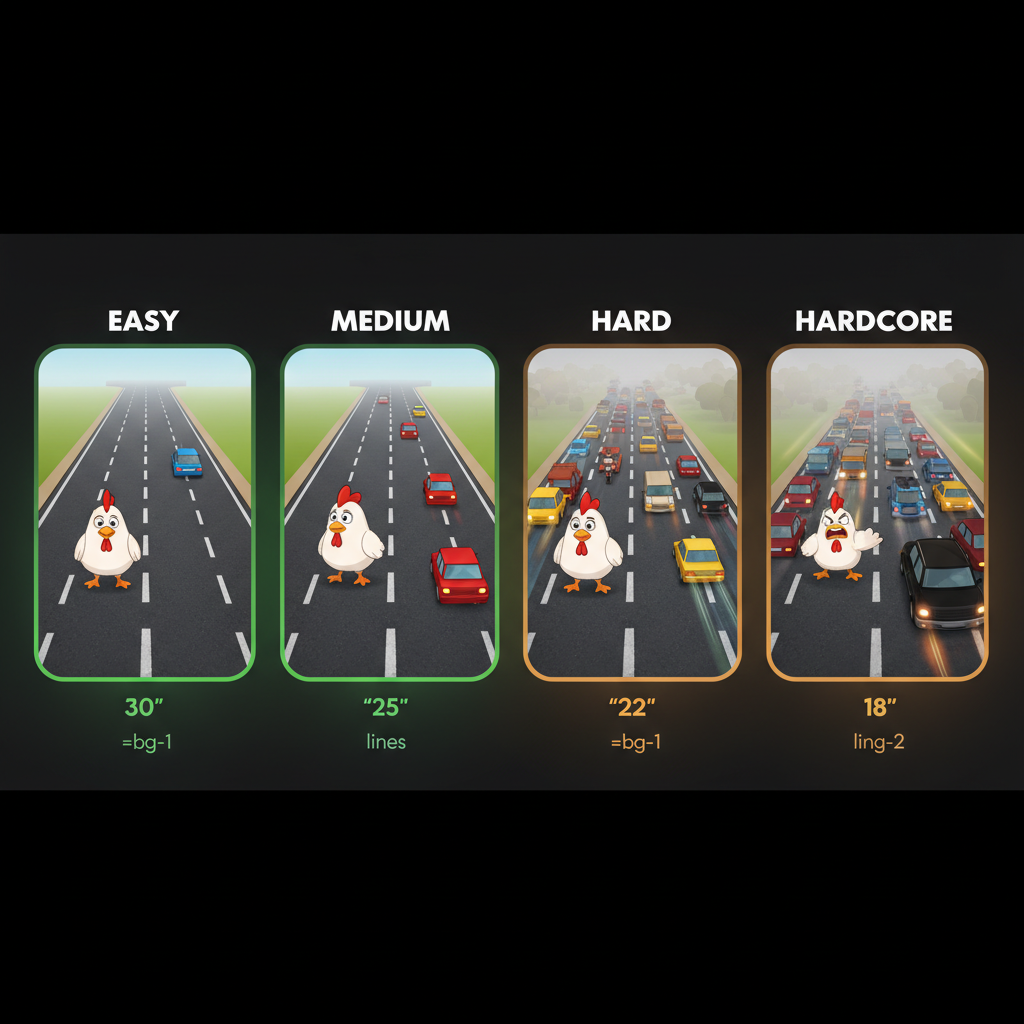 Confronto visivo dei 4 livelli di Chicken Road 2: da Easy con traffico sparso a Hardcore con traffico estremo
