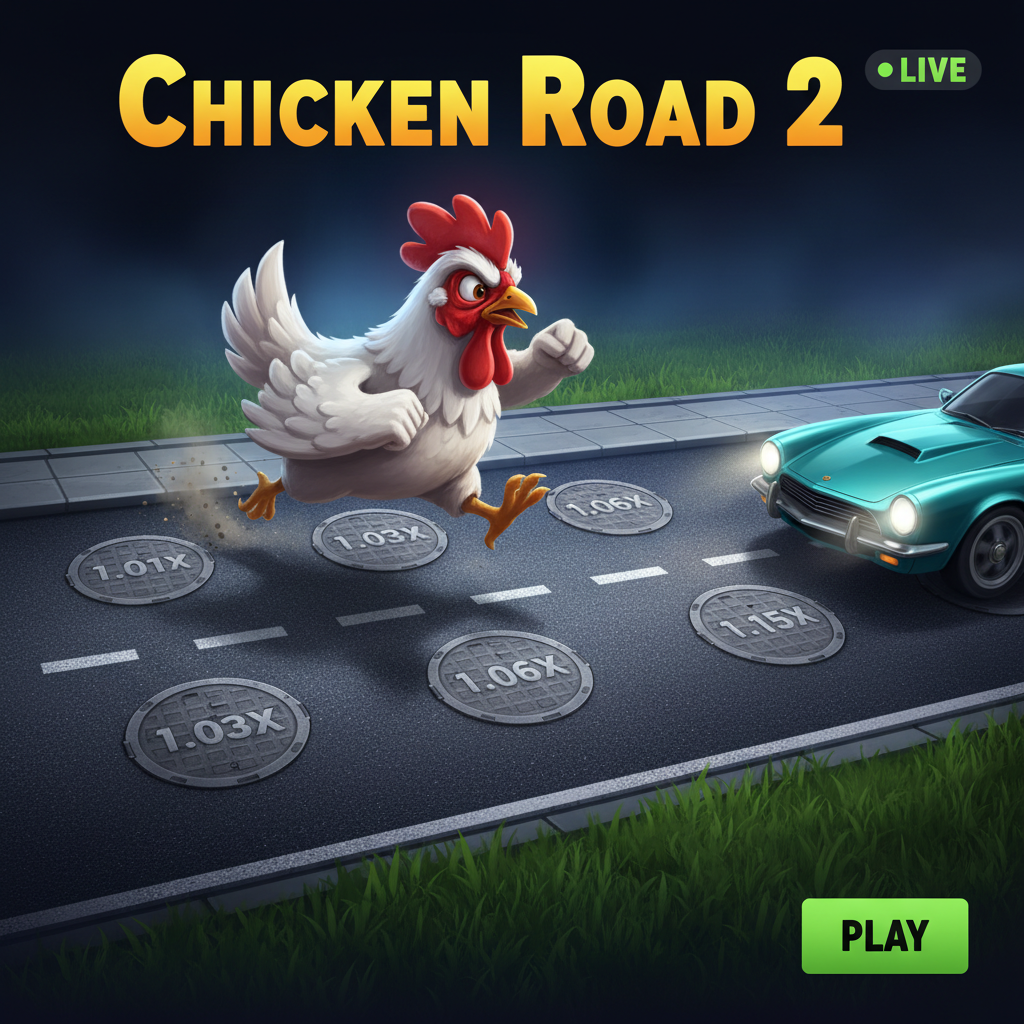 Schermata di gioco Chicken Road 2: pollo che attraversa sei corsie stradali con moltiplicatori visibili sui tombini metallici