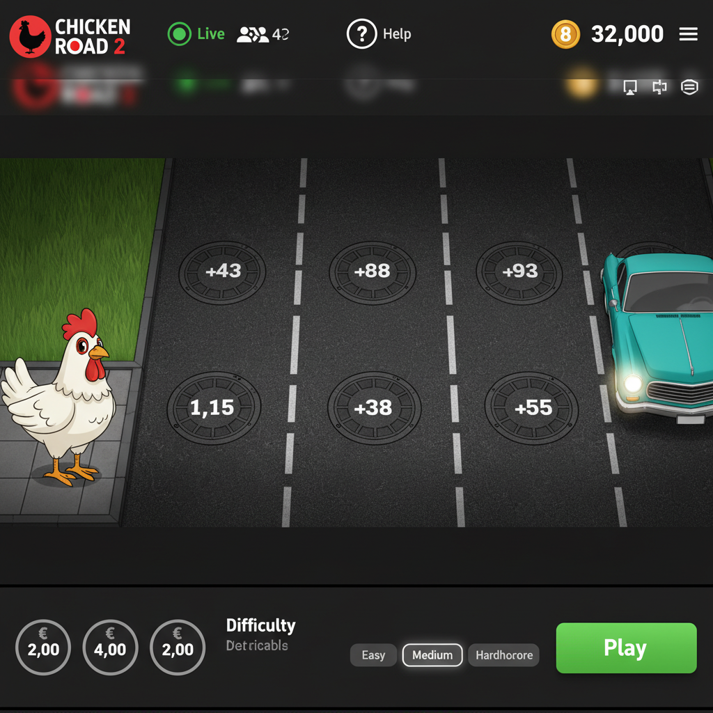 Panoramica dell'interfaccia di Chicken Road 2: pannello puntate, sei corsie stradali con tombini, saldo e indicatori
