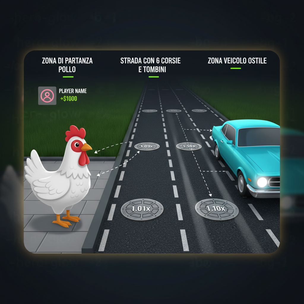 Layout a tre zone di Chicken Road 2: partenza del pollo, strada con sei corsie e tombini, zona veicolo ostile