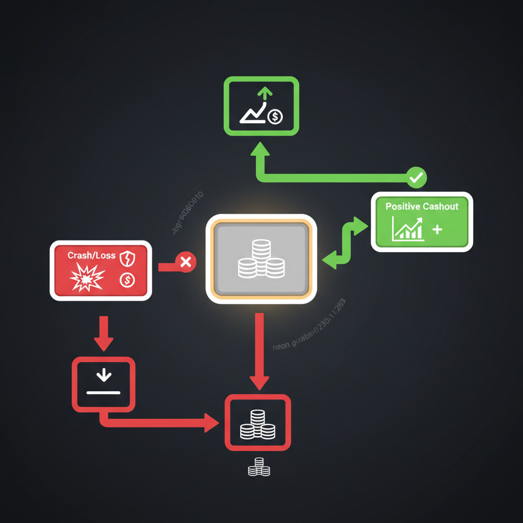 Diagramma di flusso della strategia di escalation controllata: cashout positivo porta ad aumento puntata, crash porta a riduzione immediata